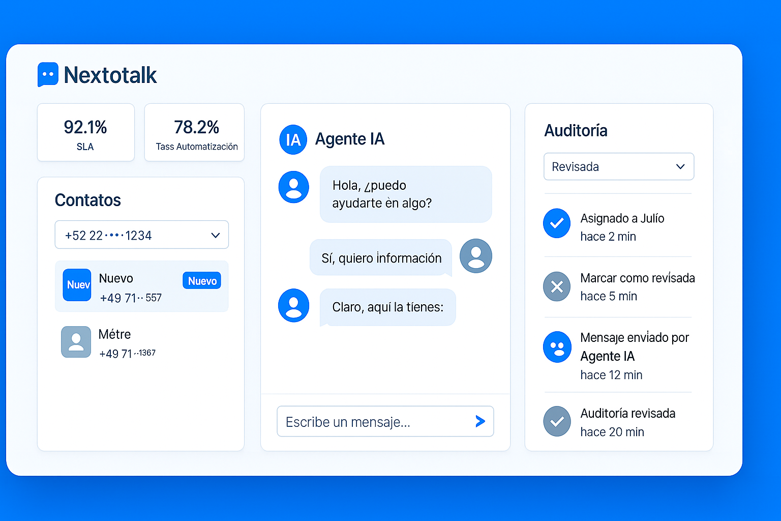 Vista operativa de conversaciones, agente IA y auditoria