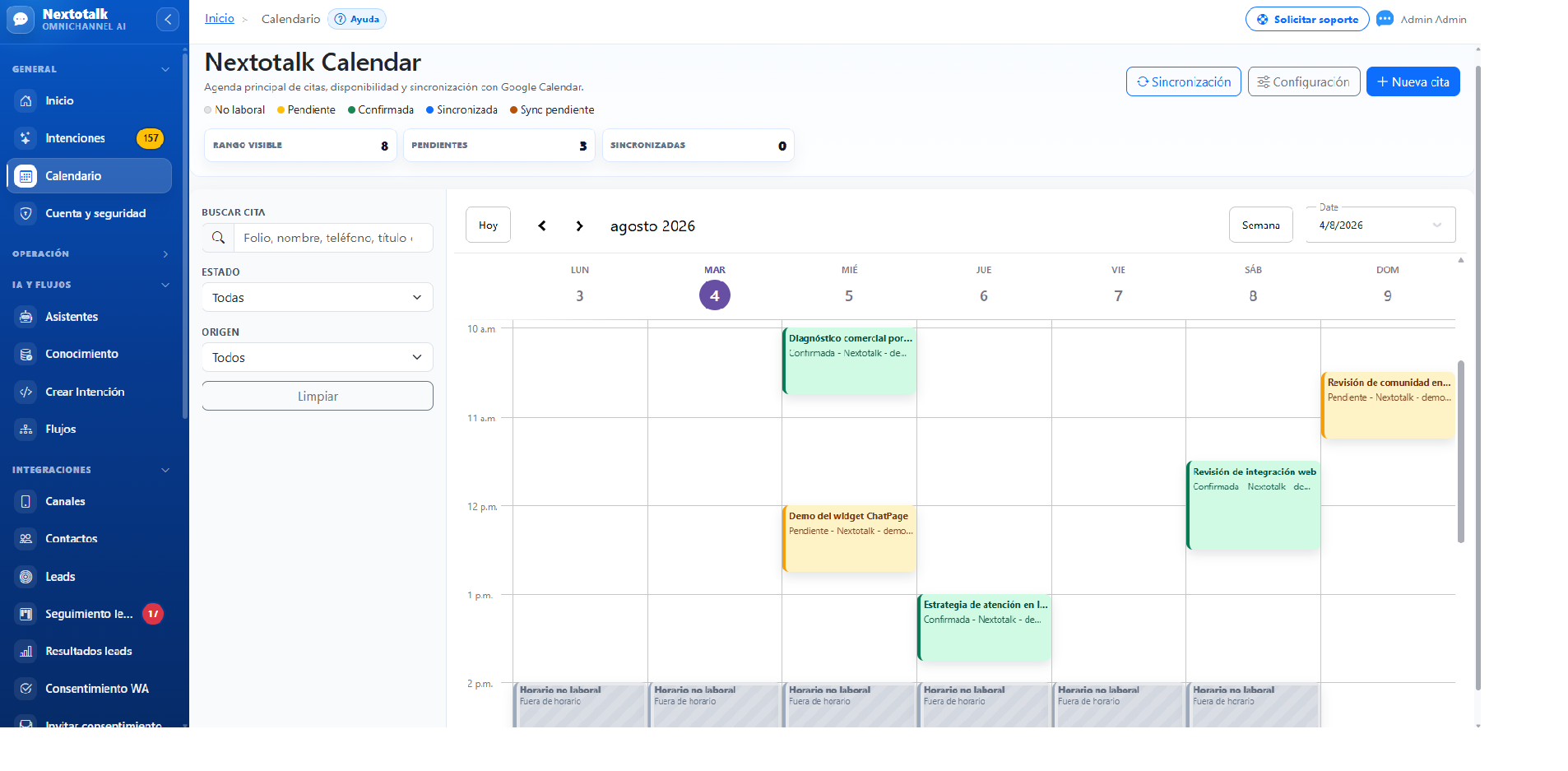 Calendario operativo de citas en Nextotalk.