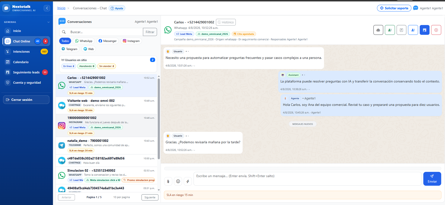 Conversación atendida con contexto dentro de Nextotalk.