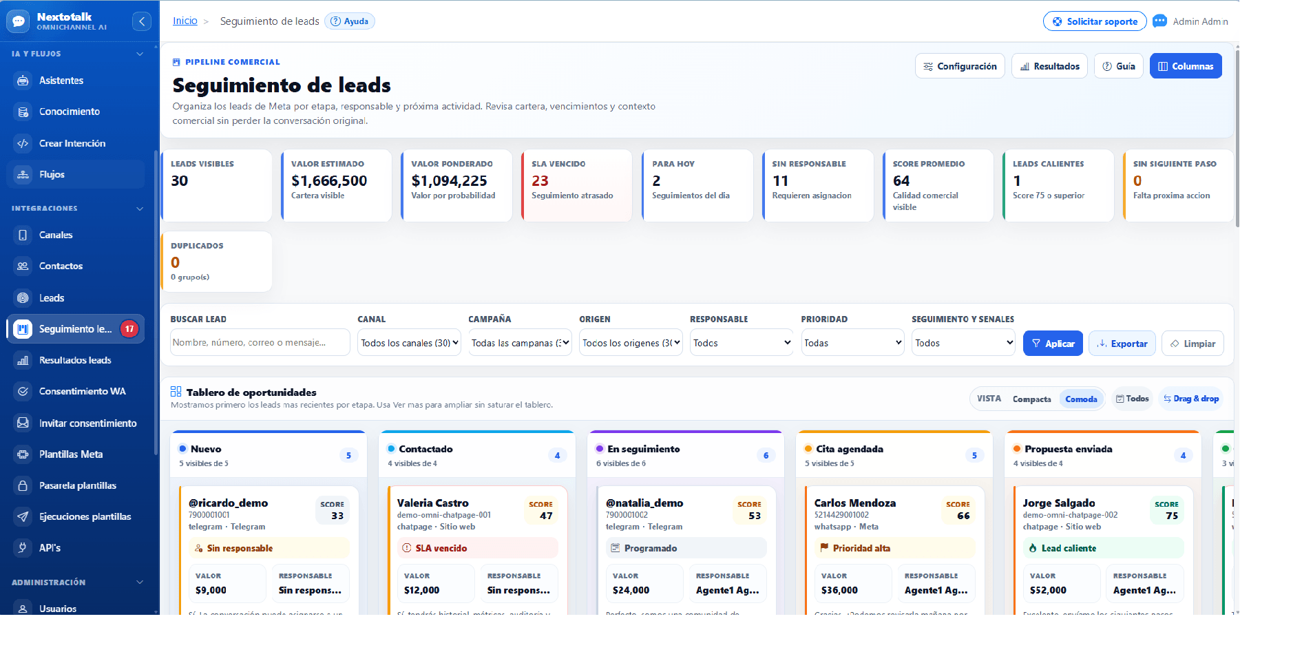 Tablero Kanban de leads y oportunidades en Nextotalk.